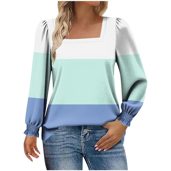 Womens Fall Clothes, Square Neck T-Shirts for Women Fashion Loose Fit Color Patchwork Long Sleeve Shirts Basic Tops