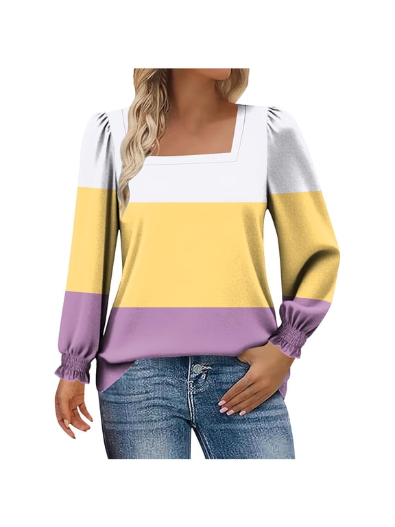 Womens Fall Clothes, Square Neck T-Shirts for Women Fashion Loose Fit Color Patchwork Long Sleeve Shirts Basic Tops
