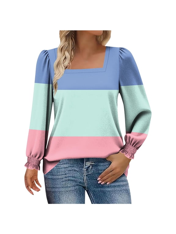 Womens Fall Clothes, Square Neck T-Shirts for Women Fashion Loose Fit Color Patchwork Long Sleeve Shirts Basic Tops
