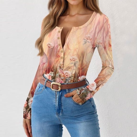 Womens Fall Clothes Stretch Long Sleeve Ribbed Knit Shirts Graphic Floral Print Henley Tops Button Down Fitted Tshirts