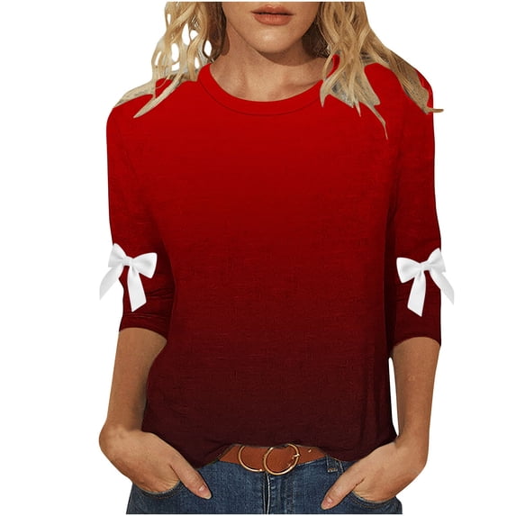 Womens Fall Clothes with Bows, 3/4 Sleeve Shirts for Women Fashion Loose Fit Ombre Tie Dye Crewneck T-Shirts