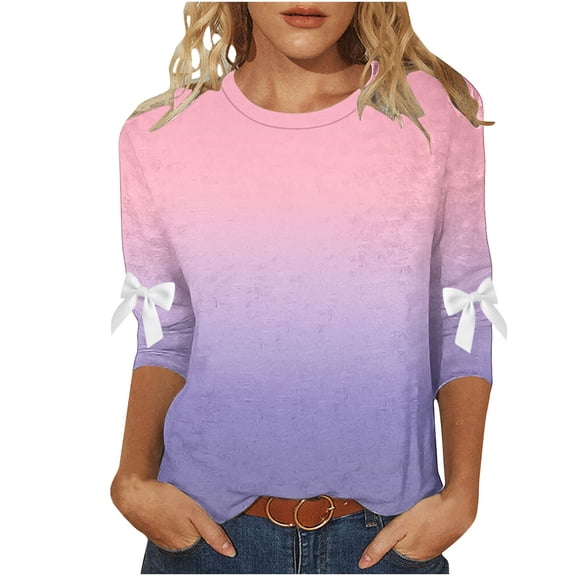 Womens Fall Clothes with Bows, 3/4 Sleeve Shirts for Women Fashion Loose Fit Ombre Tie Dye Crewneck T-Shirts