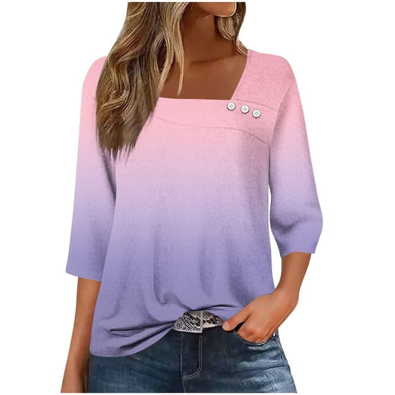 Womens Fall Clothes with Buttons, 3/4 Sleeve Shirts for Women Fashion Loose Fit Ombre Tie Dye V Neck Dressy Blouses Plus Size Tops