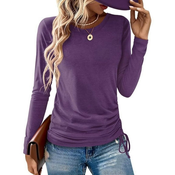 Womens Fall Clothes with Drawstring, Long Sleeve Shirts for Women Fashion Slimmi Fit Solid Color Crewneck T-Shirts Basic Tops