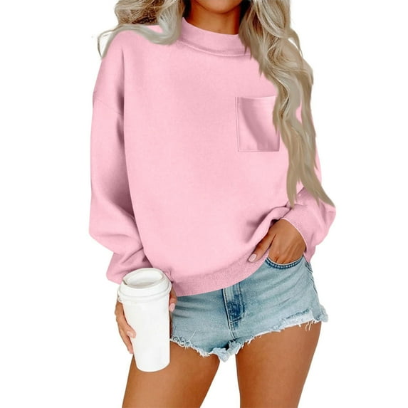 Womens Fall Clothes with Pockets, Long Sleeve Pullover for Women Fashion Loose Fit Solid Color Crewneck Sweatshirts