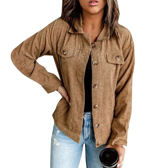 Womens Fall Coats And Jackets Fashion Women Corduroy Jacket Turn Down Collar Long Sleeve Pockets Button Up Coat Khaki XL