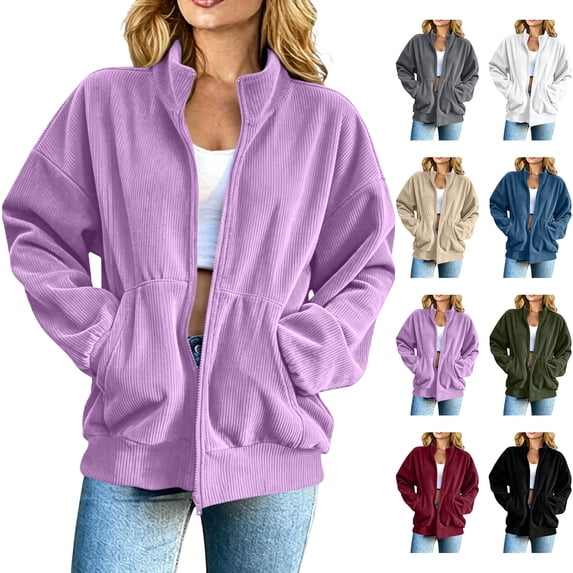 Womens Fall Coats Corduroy Zip Up Jacket Oversized Stand Collar Casual Coat Long Sleeve Outerwear with Pockets M