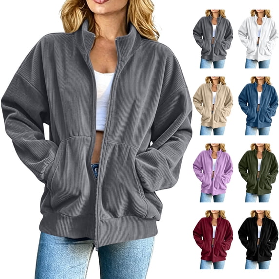 Womens Fall Coats Corduroy Zip Up Jacket Oversized Stand Collar Casual Coat Long Sleeve Outerwear with Pockets M
