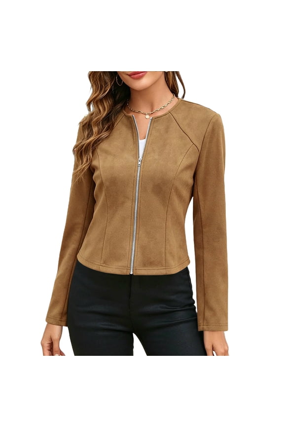 Womens Fall Coats Solid Color Zip-Up Long Sleeve Jacket With Crew Neck And Sculpted Seams Casual Outerwear XXL