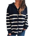 thumbnail image 1 of Womens Fall Collared Cardigan Long Sleeve Striped Knit Sweater Cardigans Button Front Knitwear Sweaters Navy, L, 1 of 5