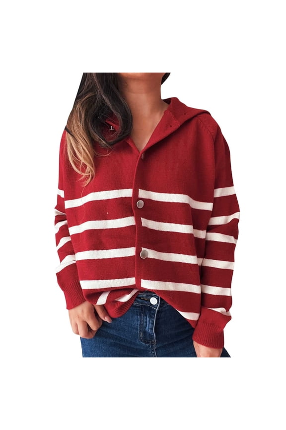 Womens Fall Collared Cardigan Long Sleeve Striped Knit Sweater Cardigans Button Front Knitwear Sweaters Red, M