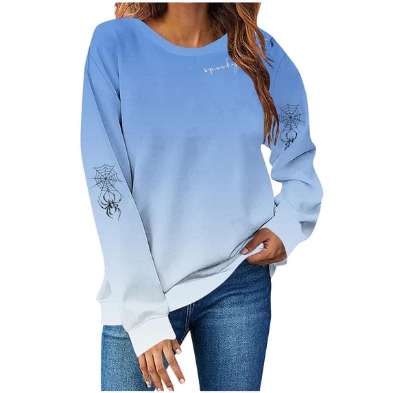 Womens Fall Crewneck Sweatshirts Ghost Halloween Outfits Loose Long Sleeve Gradient Sweat Shirts Casual Lounge Wear Blue, 2XL