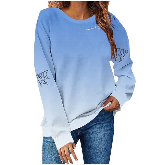 Womens Fall Crewneck Sweatshirts Ghost Halloween Outfits Loose Long Sleeve Gradient Sweat Shirts Casual Lounge Wear Blue, XL