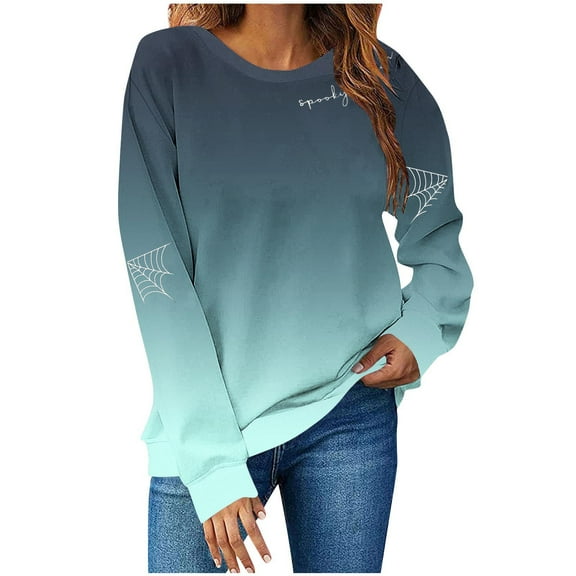 Womens Fall Crewneck Sweatshirts Ghost Halloween Outfits Loose Long Sleeve Gradient Sweat Shirts Casual Lounge Wear Green, L
