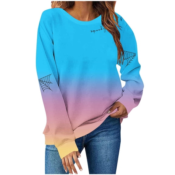 Womens Fall Crewneck Sweatshirts Ghost Halloween Outfits Loose Long Sleeve Gradient Sweat Shirts Casual Lounge Wear Light Blue, L