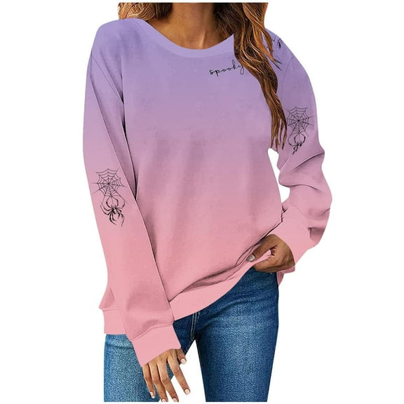 Womens Fall Crewneck Sweatshirts Ghost Halloween Outfits Loose Long Sleeve Gradient Sweat Shirts Casual Lounge Wear Pink, 2XL