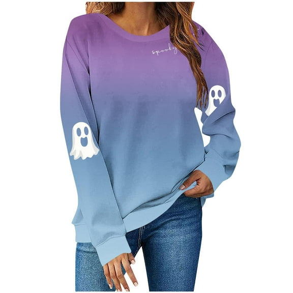 Womens Fall Crewneck Sweatshirts Ghost Halloween Outfits Loose Long Sleeve Gradient Sweat Shirts Casual Lounge Wear Purple, L