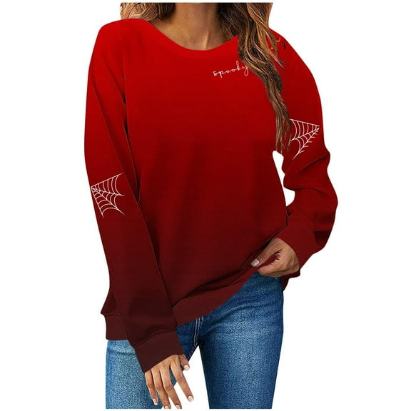 Womens Fall Crewneck Sweatshirts Ghost Halloween Outfits Loose Long Sleeve Gradient Sweat Shirts Casual Lounge Wear Red, L