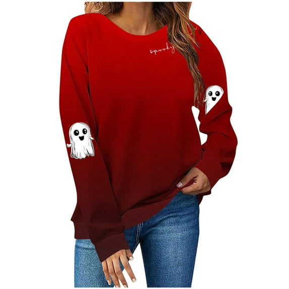 Womens Fall Crewneck Sweatshirts Ghost Halloween Outfits Loose Long Sleeve Gradient Sweat Shirts Casual Lounge Wear Red, S