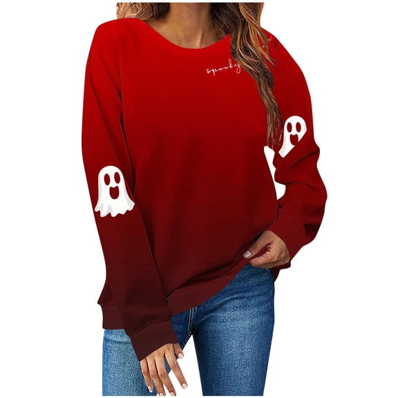 Womens Fall Crewneck Sweatshirts Ghost Halloween Outfits Loose Long Sleeve Gradient Sweat Shirts Casual Lounge Wear Red, S