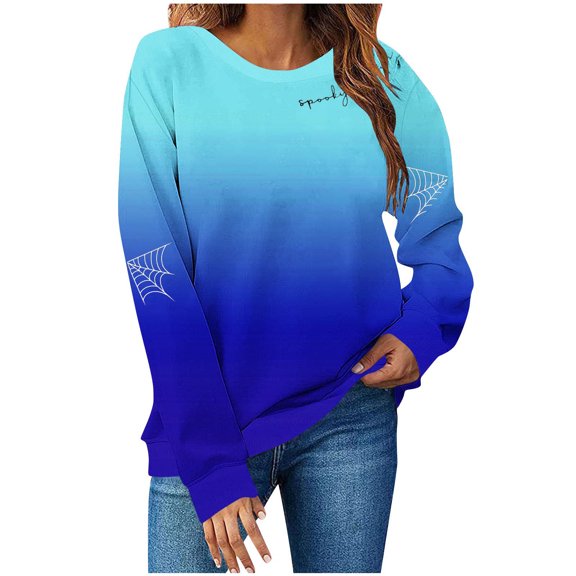 Womens Fall Crewneck Sweatshirts Ghost Halloween Outfits Loose Long Sleeve Gradient Sweat Shirts Casual Lounge Wear Sky Blue, XL
