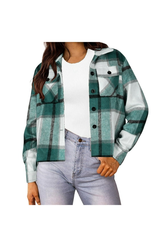 Womens Fall Cropped Shacket Plaid Jacket Long Sleeve Button Down Coat 2025 Fall Fashion Trendy Outfits
