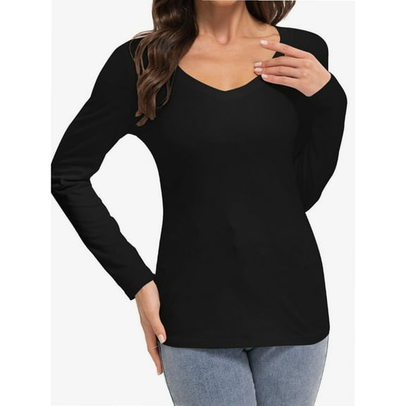 Womens Fall Deep V Neck Long Sleeve Shirts Modal Slim Fit Basic Tee Tops
