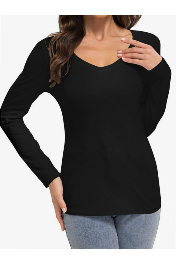 Womens Fall Deep V Neck Long Sleeve Shirts Modal Slim Fit Basic Tee Tops