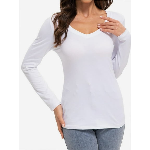 Womens Fall Deep V Neck Long Sleeve Slim Fit Basic Tee Shirts
