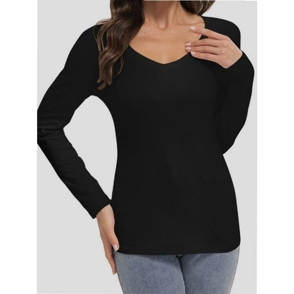 Womens Fall Deep V Neck Long Sleeve Shirts Modal Slim Fit Basic Tee Tops