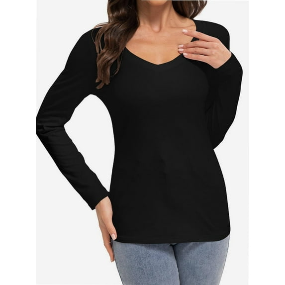 Womens Fall Deep V Neck Long Sleeve Shirts Modal Slim Fit Basic Tee Tops