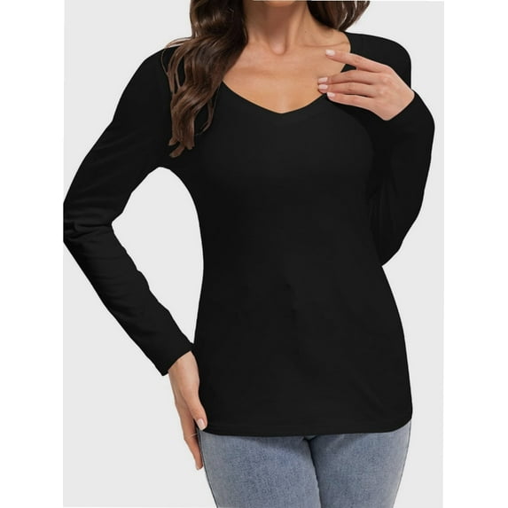Womens Fall Deep V Neck Long Sleeve Shirts Modal Slim Fit Basic Tee Tops