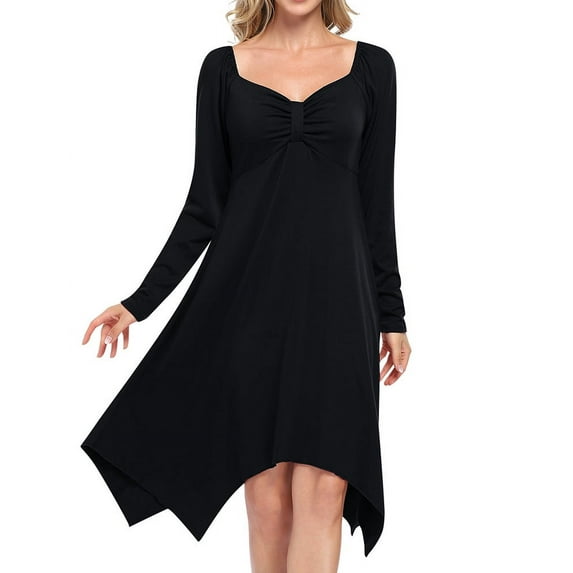 Womens Fall Dress 2024 Long Sleeve V Neck Bow Dress Off Shoulder Dress Empire Waist Midi Dress Black S