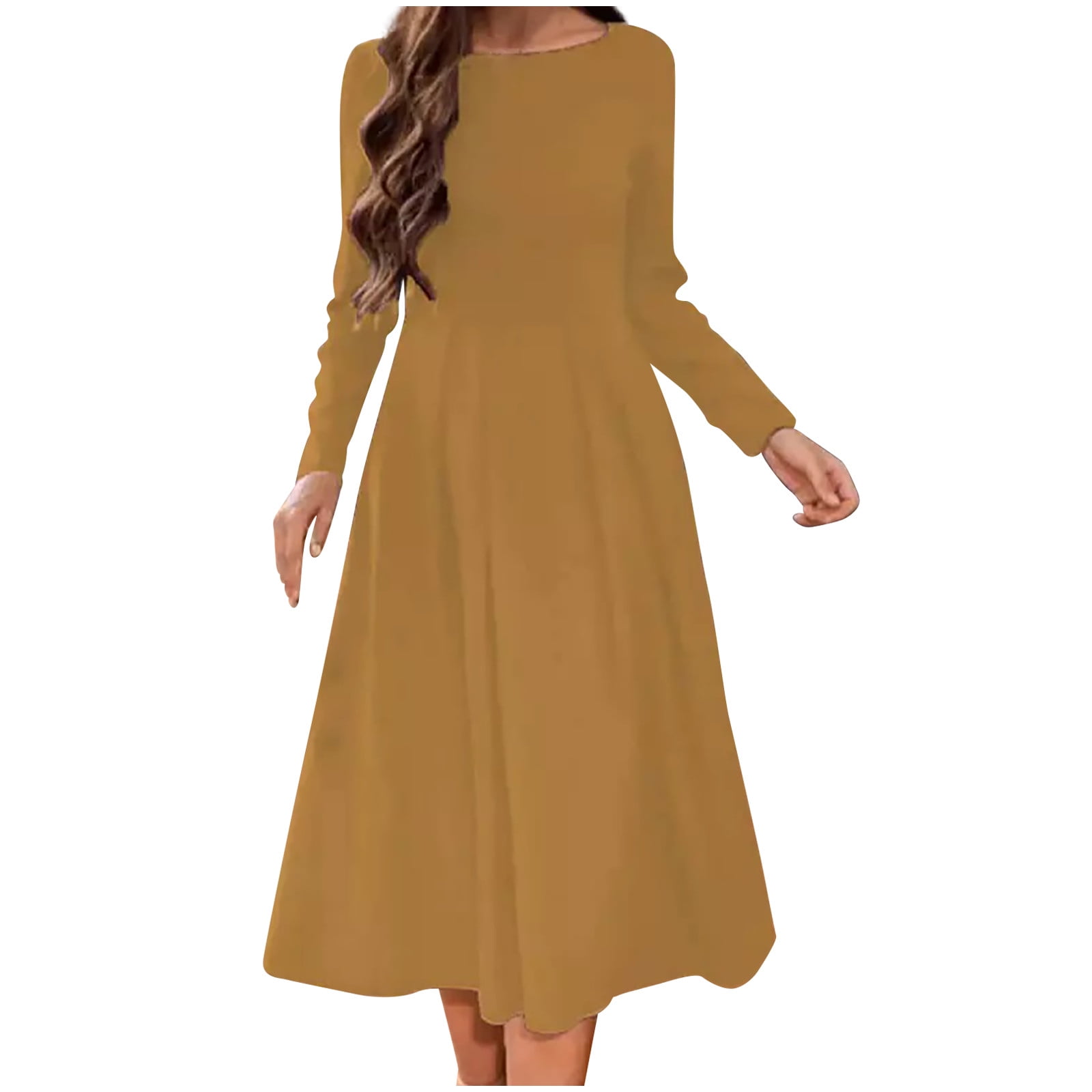 Womens Fall Dresses 2023 Fashion Women Solid Causal Round Neck Long Sleeve Vacation Dress Women