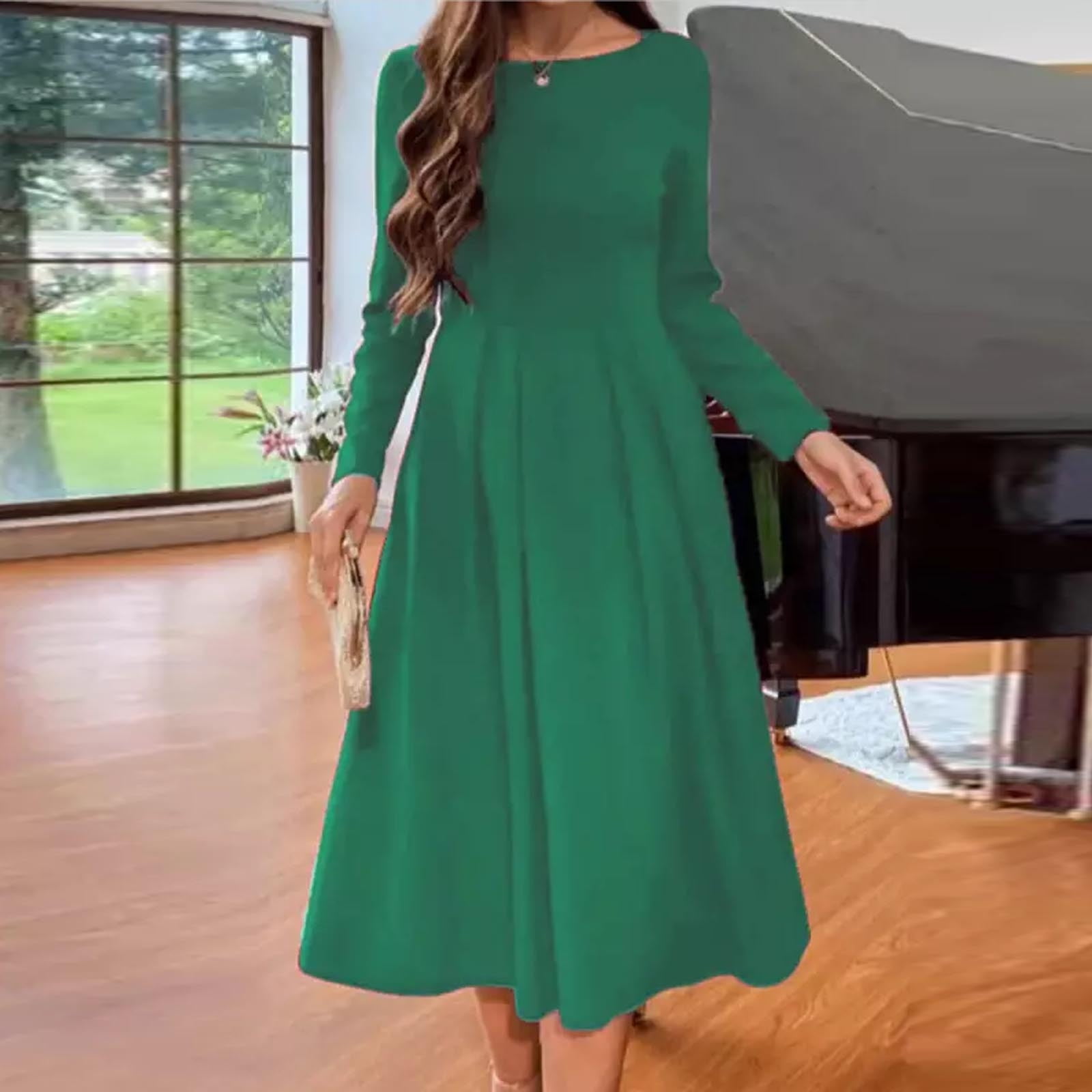 Womens Fall Dresses 2023 Fashion Women Solid Causal Round Neck Long Sleeve Vacation Dress Women