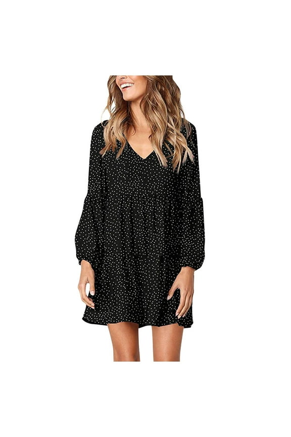 Womens Fall Dresses 2023 With Pockets Casual Dot V-Neckline Mini Dress Long Sleeve Ruffle Loose Swing Dress Black XL