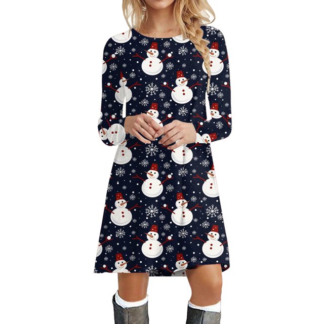 Womens Fall Dresses 2023 With Pockets Long Sleeve Cute Christmas Print T Shirt Dresses Casual