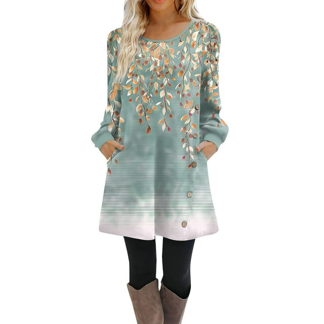 Womens Fall Dresses 2024 High Waisted Flowy Sundress Long Sleeve Round