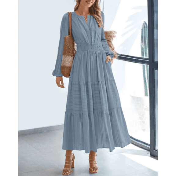 Womens Fall Dresses Casual Midi Maxi Dresses with Pockets Lightweight Long Sleeve V Neck Elastic Waist Wedding Boho Beach Dress