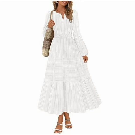 Womens Fall Dresses Casual Midi Maxi Dresses with Pockets Lightweight Long Sleeve V Neck Elastic Waist Wedding Boho Beach Dress