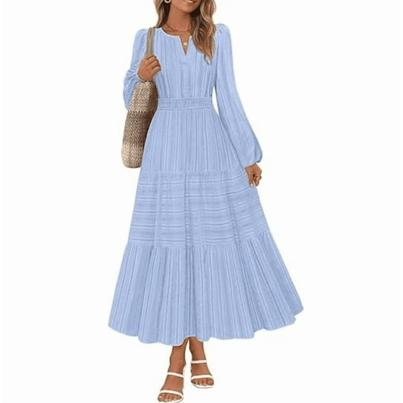 Womens Fall Dresses Casual Midi Maxi Dresses with Pockets Lightweight Long Sleeve V Neck Elastic Waist Wedding Boho Beach Dress