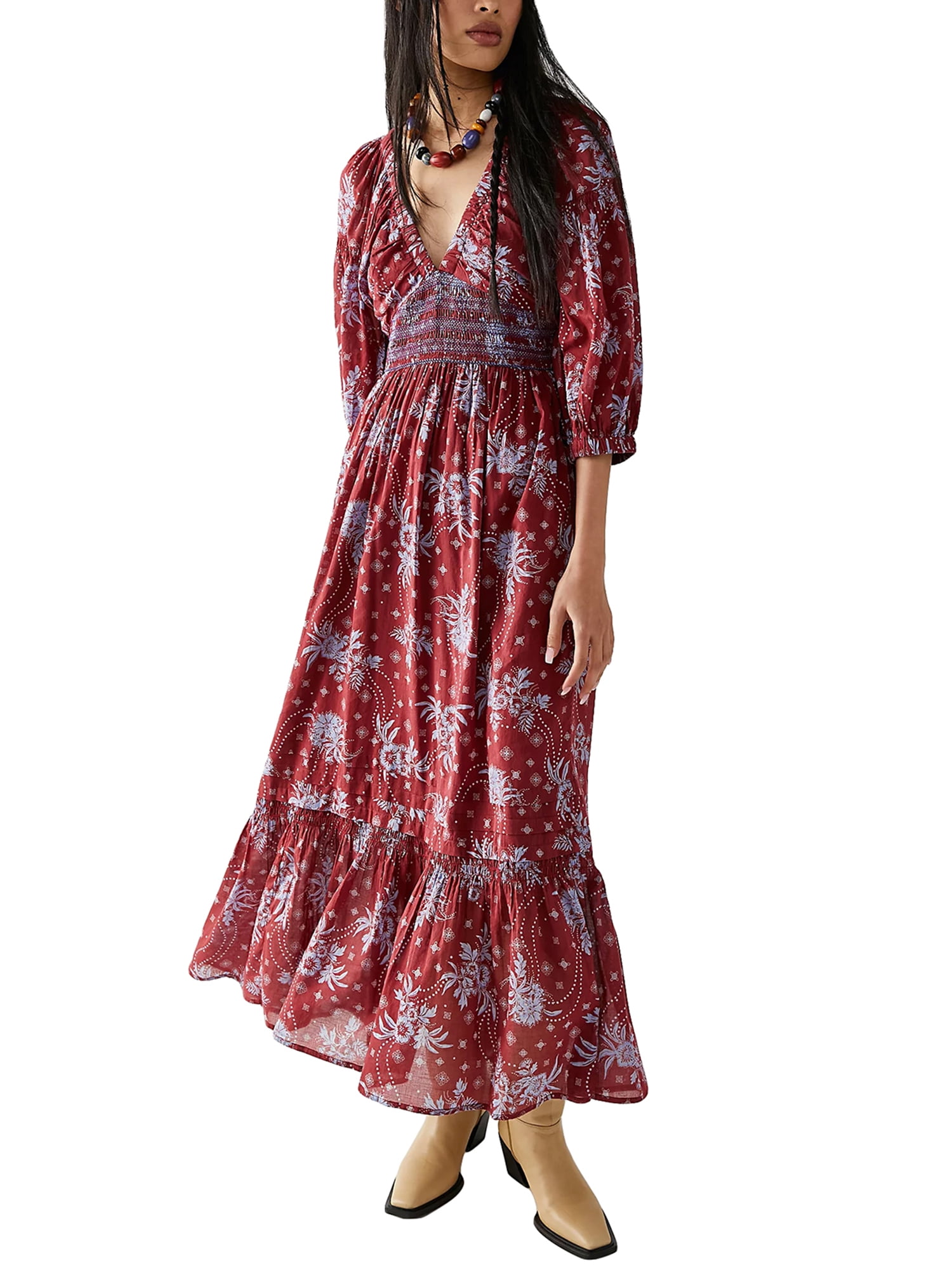 Womens Fall Dresses Half Sleeve V Neck Floral Print Casual Boho Y2k Maxi Dresses