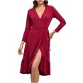 thumbnail image 1 of Womens Fall Dresses Long Sleeve V Neck Midi Dress Wedding Guest Dresses for Women Tie Waist Solid Color Dress (Wine L), 1 of 1