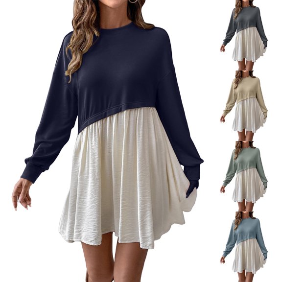 Womens Fall Dresses Plus Size Solid Color Round Neck Contrast Stitching Dress(Navy XL)