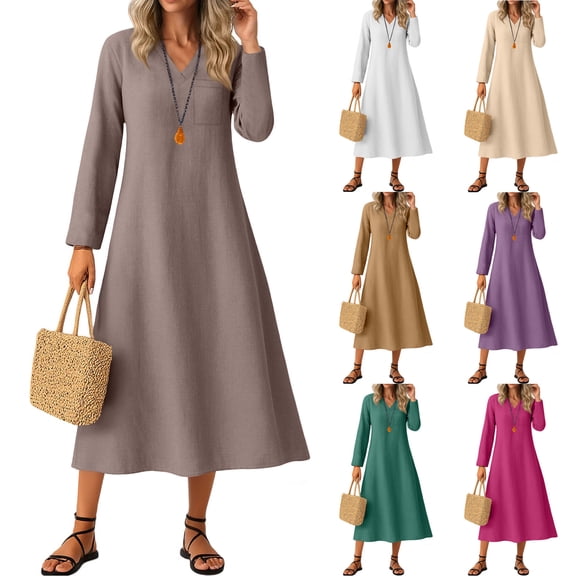 Womens Fall Dresses Plus Size V-Neck Solid Color Casual Pocket Long Dress(Khaki 2XL)