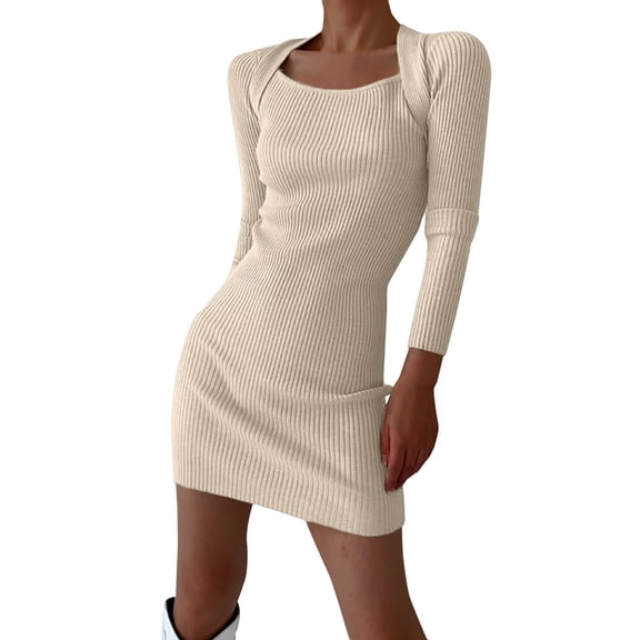 Womens Fall Dresses Square Neck Long Sleeve Ribbed Knit Slim Fitted Basic Bodycon Mini Pencil Dress Beige L