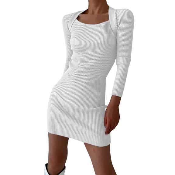 Womens Fall Dresses Square Neck Long Sleeve Ribbed Knit Slim Fitted Basic Bodycon Mini Pencil Dress White XS