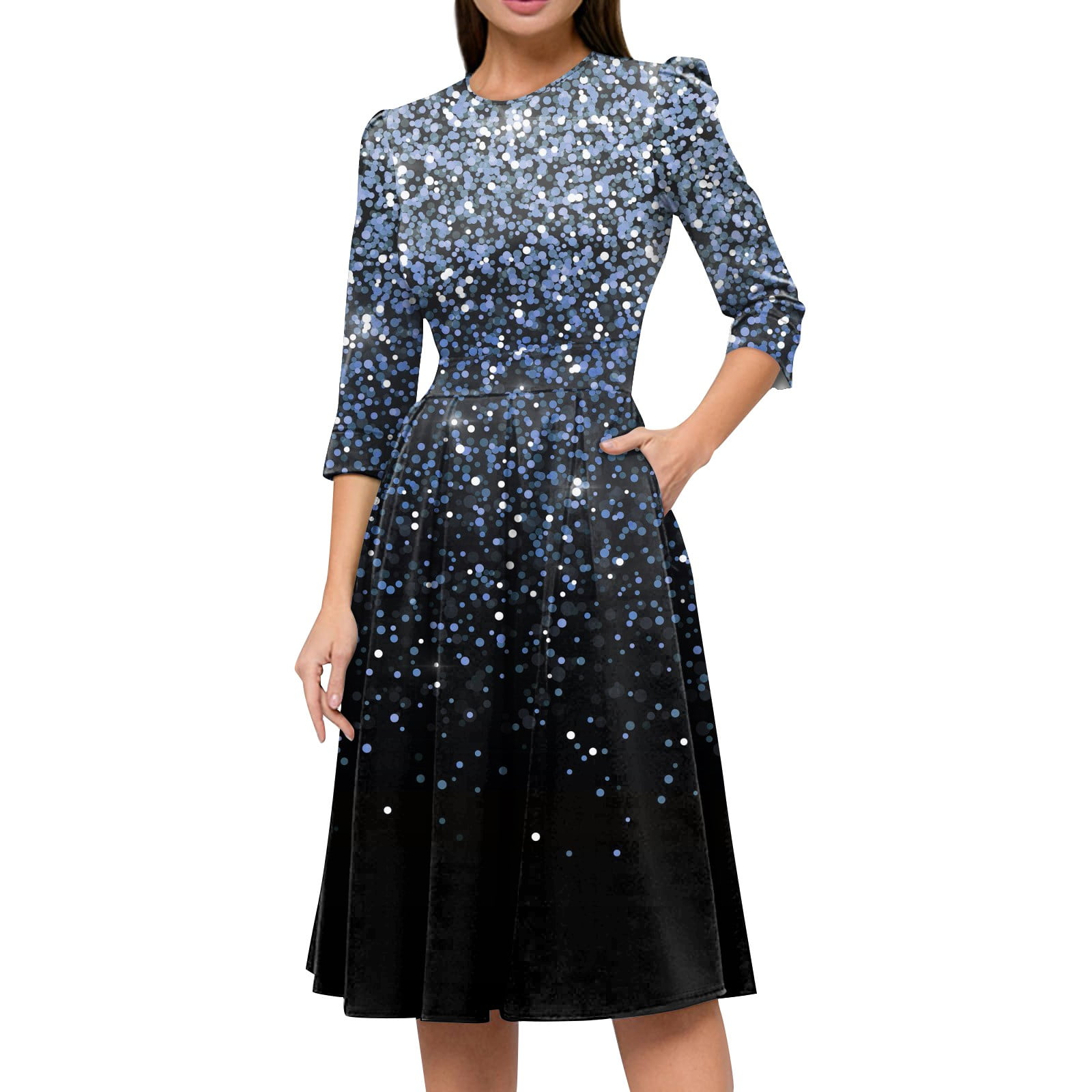 Womens Fall Dresses Vintage Dresses 3/4 Sleeve Crew Neck Elegant Midi