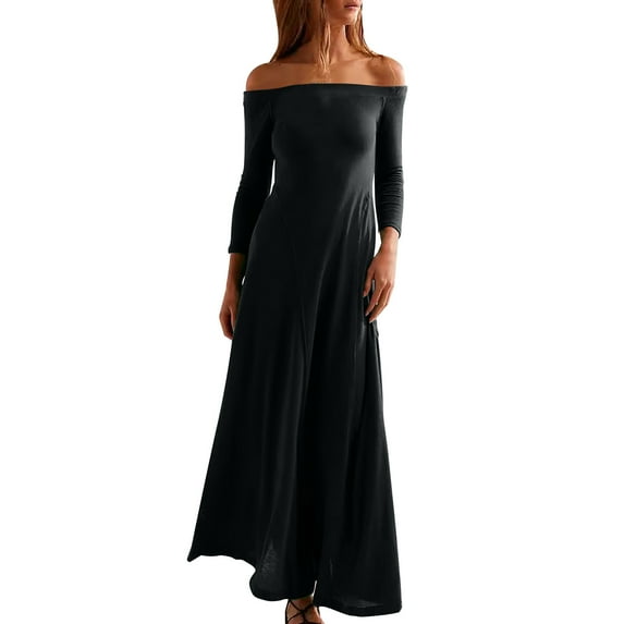 Womens Fall Dresses Women's off Shoulder Bodycon Maxi Dress 3/4 Sleeve Stretchy Solid Slim Flowy Evening Party Gowns S-247 Black S