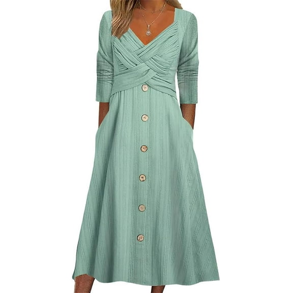 Womens Fall Dresses for Wedding Guest, Casual Plus Size Cross Button Long Sleeve Tiered Maxi Dress with Pockets